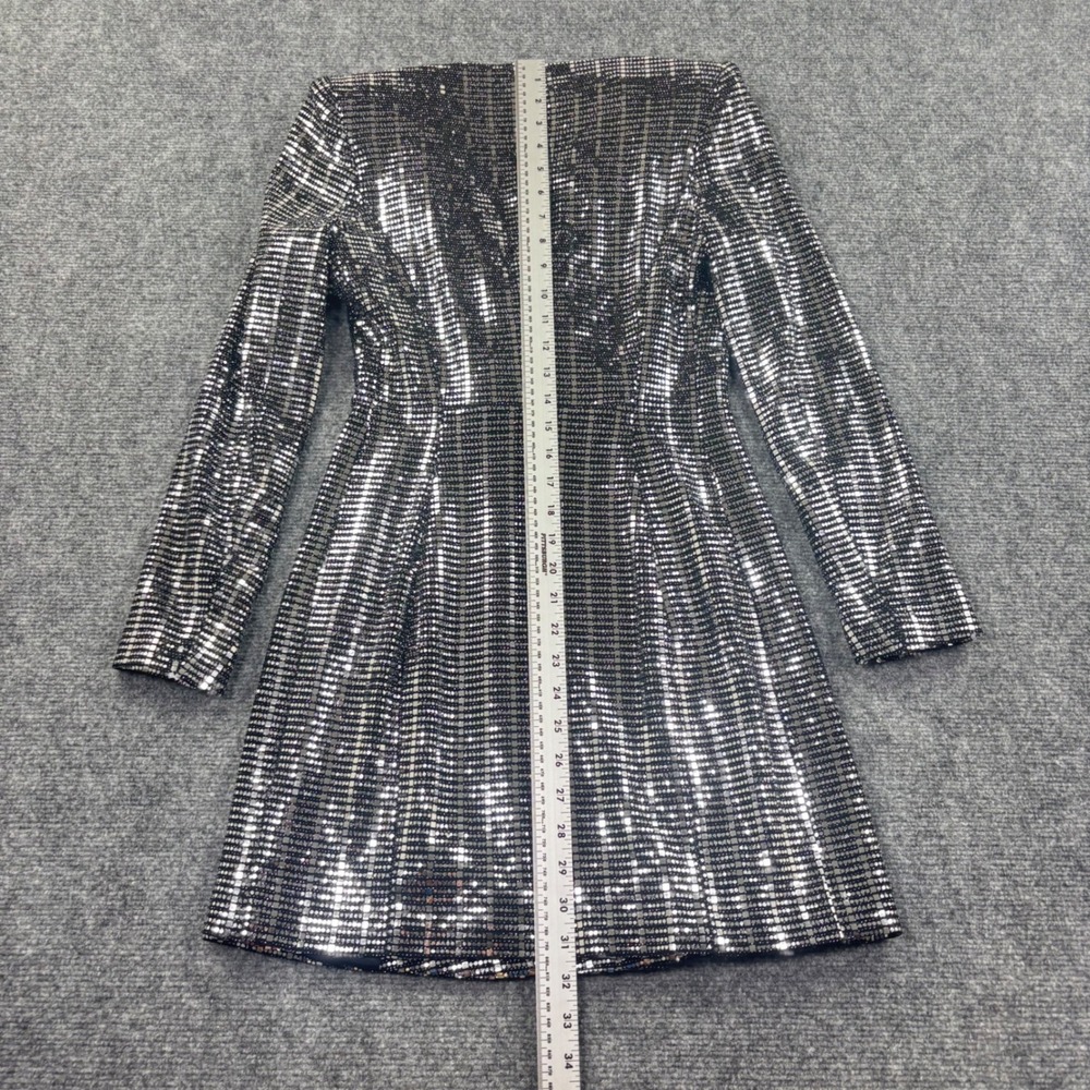 Zara Basic Sequin Mini Dress Size 4 Silver Festive Long Sleeve V-Neck NWT Womens - Picture 7 of 7